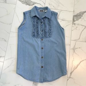 Vintage Y2K 90s Chambray Denim Ruffle Sleeveless Cotton Top Medium M